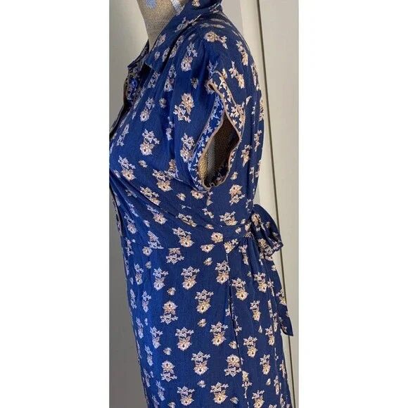 Lucky Brand Floral Midi Dress Button Collar Medium Minimalist Peasant Rayon Tie - Picture 6 of 12